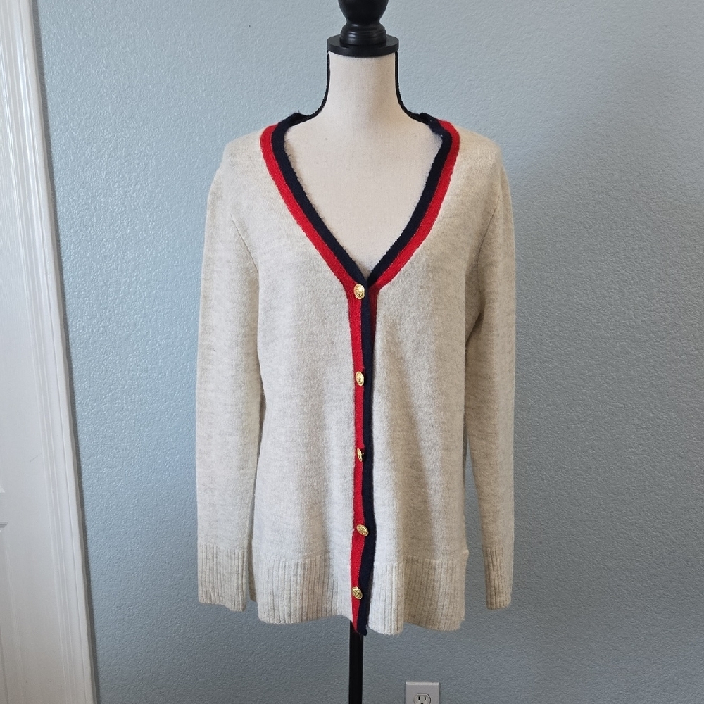 CROWN & IVY Sweater Cream Striped Trim Long Slv Button Cardigan V Neck Sz Large